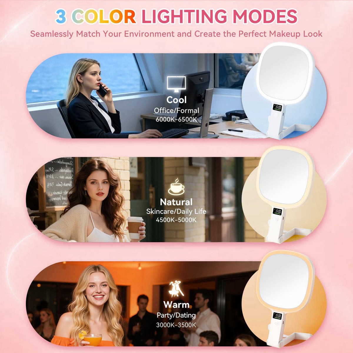 Auxmir 30X/1X Travel Makeup Mirror with Lights, LED Display, 3 Color Modes – full view