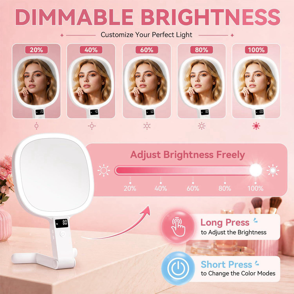Auxmir 30X/1X Travel Makeup Mirror with Lights, LED Display, 3 Color Modes – back view and specifications