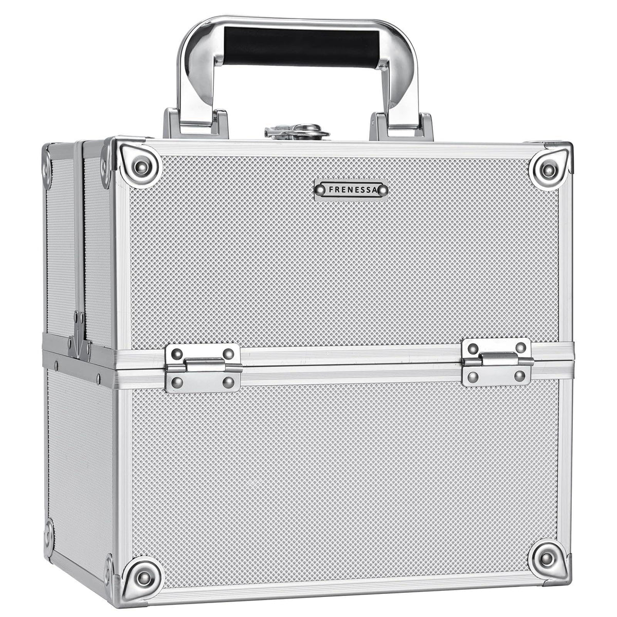 FRENESSA Makeup Train Case Makeup Organizer Box Portable Cosmetic Travel Case with Lock 4 Trays Aluminum Hard Vanity Box