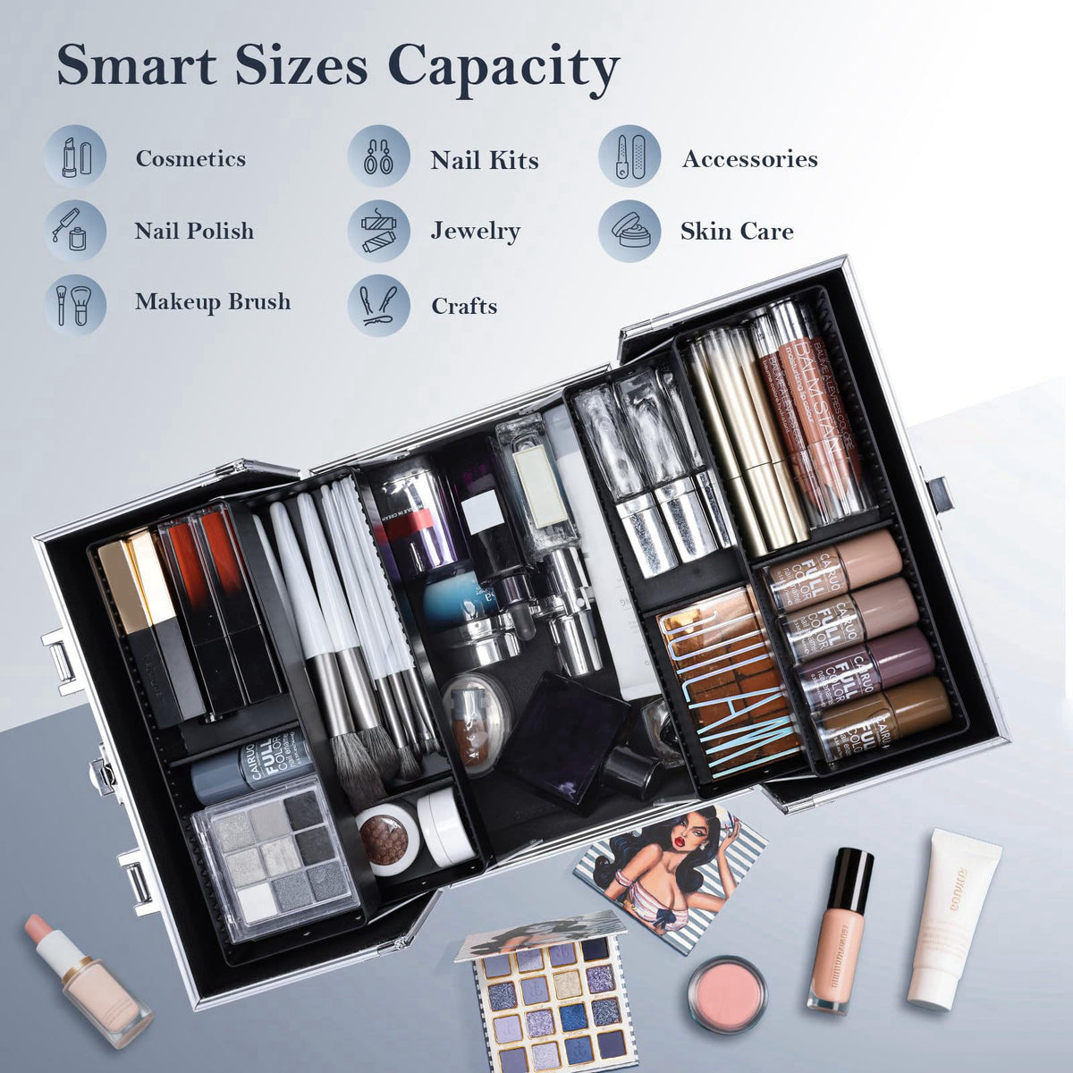 FRENESSA Makeup Train Case Makeup Organizer Box Portable Cosmetic Travel Case with Lock 4 Trays Aluminum Hard Vanity Box