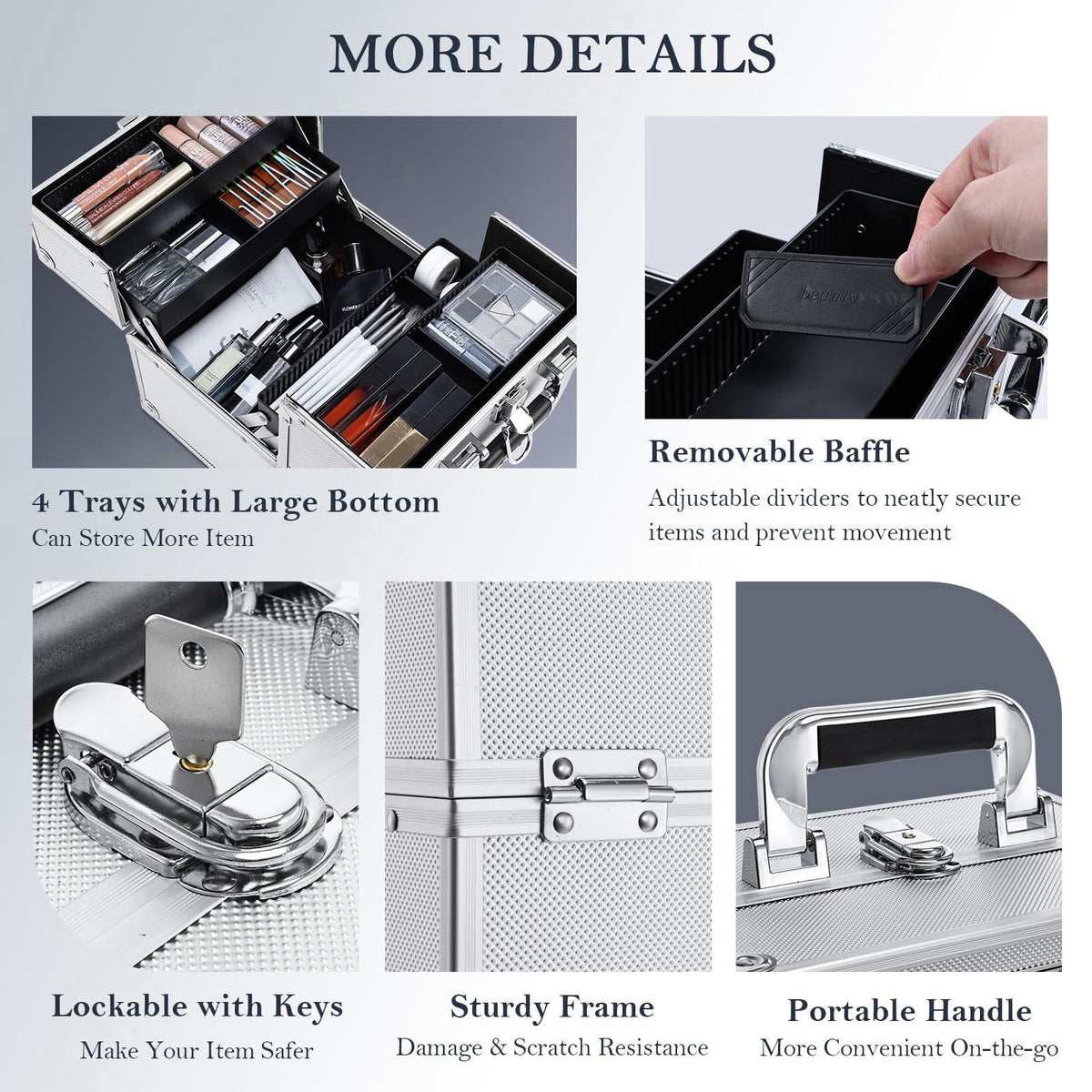 FRENESSA Makeup Train Case Makeup Organizer Box Portable Cosmetic Travel Case with Lock 4 Trays Aluminum Hard Vanity Box