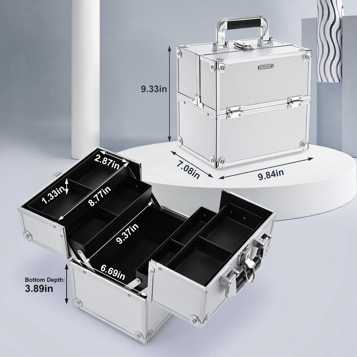 FRENESSA Makeup Train Case Makeup Organizer Box Portable Cosmetic Travel Case with Lock 4 Trays Aluminum Hard Vanity Box