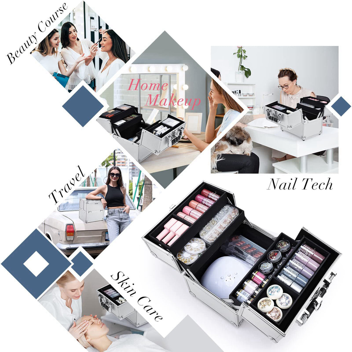 FRENESSA Makeup Train Case Makeup Organizer Box Portable Cosmetic Travel Case with Lock 4 Trays Aluminum Hard Vanity Box
