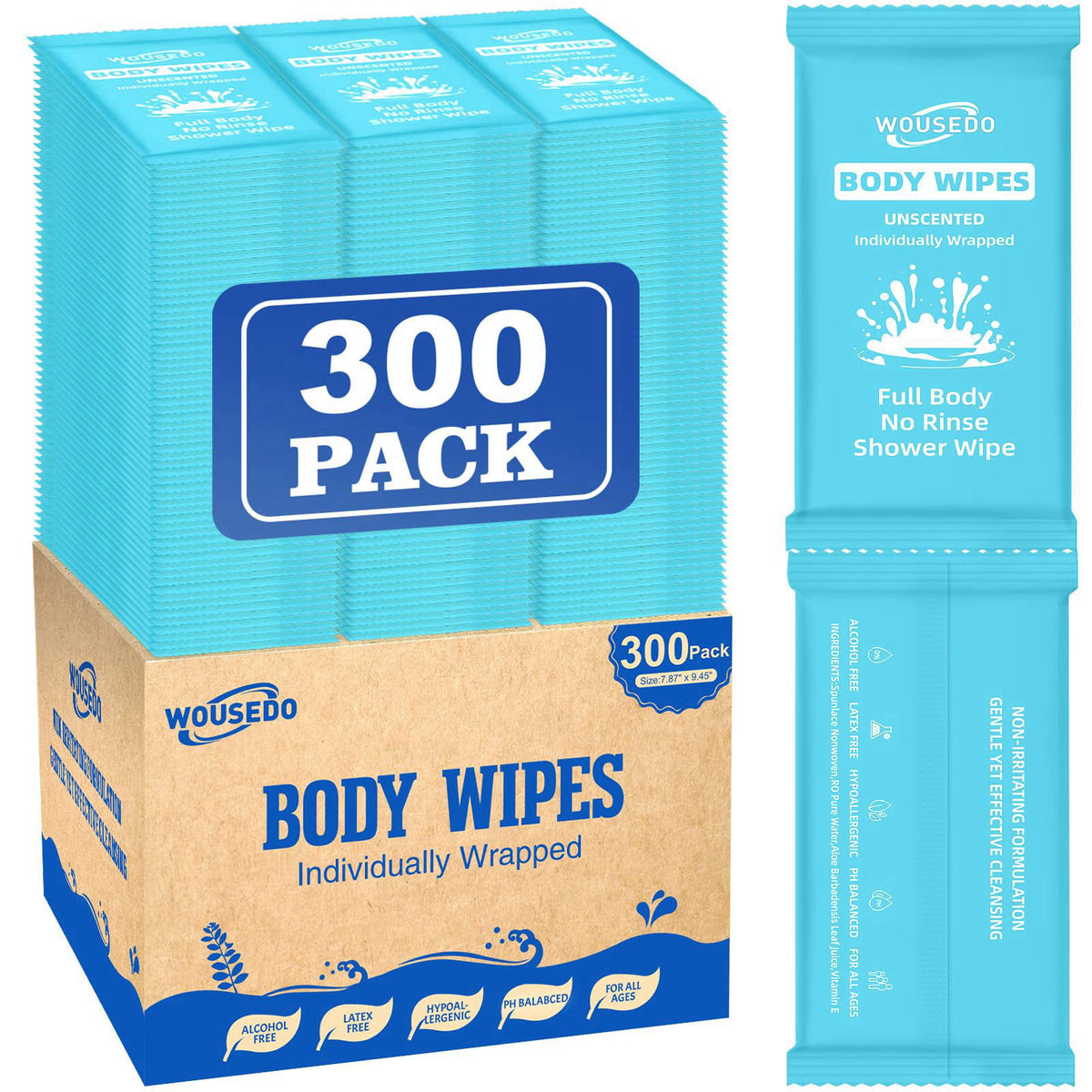 WOUSEDO 300 Pack Ultra Thick Body Wipes Individually Wrapped, Size 7.87" x 9.45" – product photo (Rinse-Free Wip