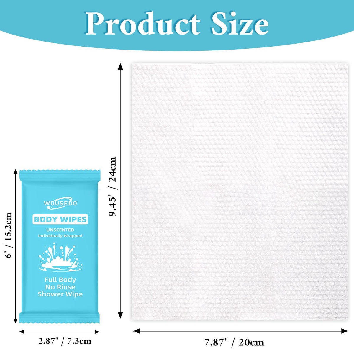 WOUSEDO 300 Pack Ultra Thick Body Wipes Individually Wrapped, Size 7.87" x 9.45" – close-up detail