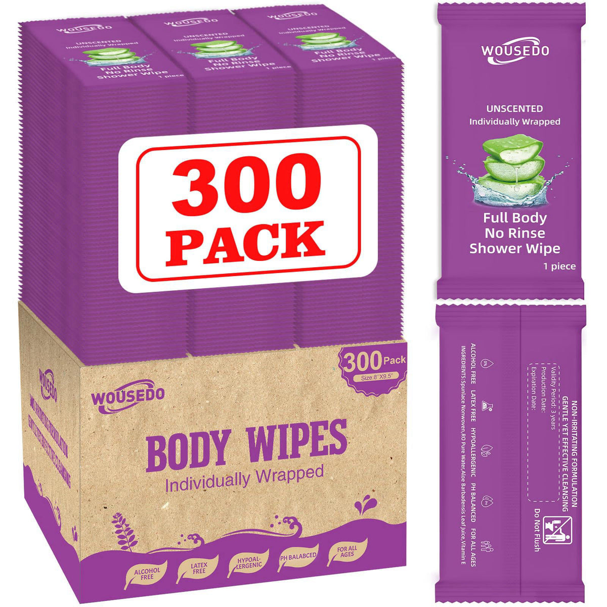WOUSEDO 300 Pack Body Wipes Individually Wrapped(8" x 9.5"), Shower Wipes for Adult – product photo (Rinse-Free 