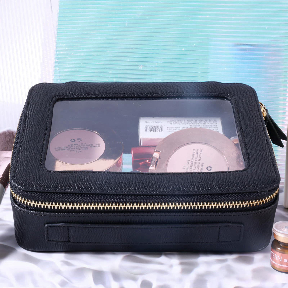 SANHECUN Toiletry bag waterproof cosmetic organizer with handle lagre opening for travelling car organizers(Black) – ful