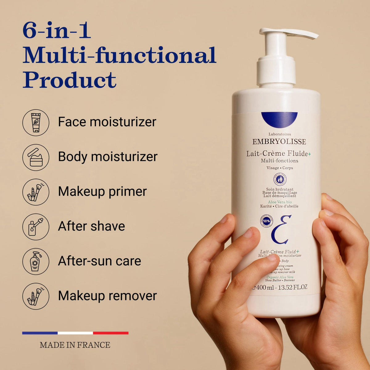Embryolisse Lait-Crème Fluid+ Face & Body Cream, Multi-Use Lightweight Moisturizer with Shea Butter & Aloe Vera. Fast Ab