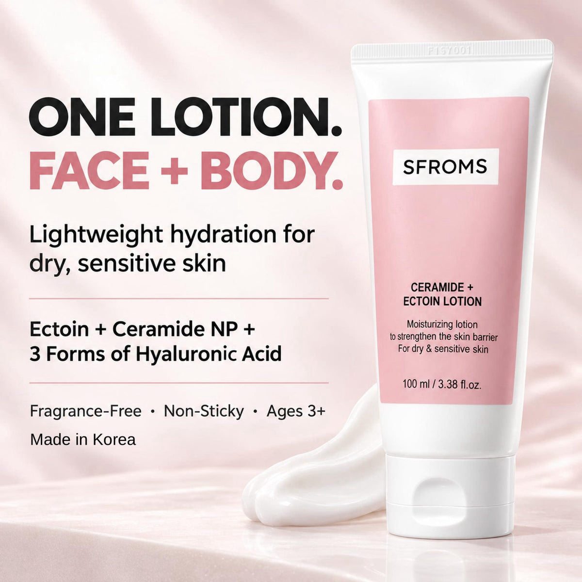 SFROMS Ceramide, Ectoin & Hyaluronic Acid Lotion for Dry & Sensitive Skin, Barrier Repair Moisturizer, Fragrance-Free, D