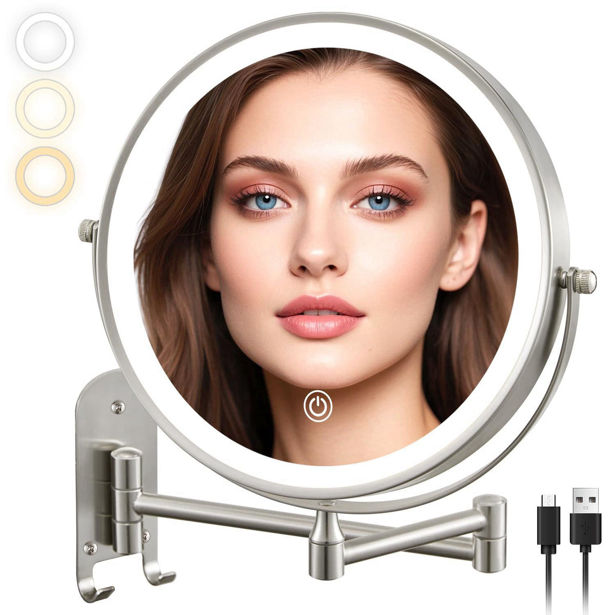 ALHAKIN 9" Wall Mounted Lighted Makeup Mirror, Rechargeable 1X/15X Magnifying Mirror with 3 Color Lights Dimmable, 3