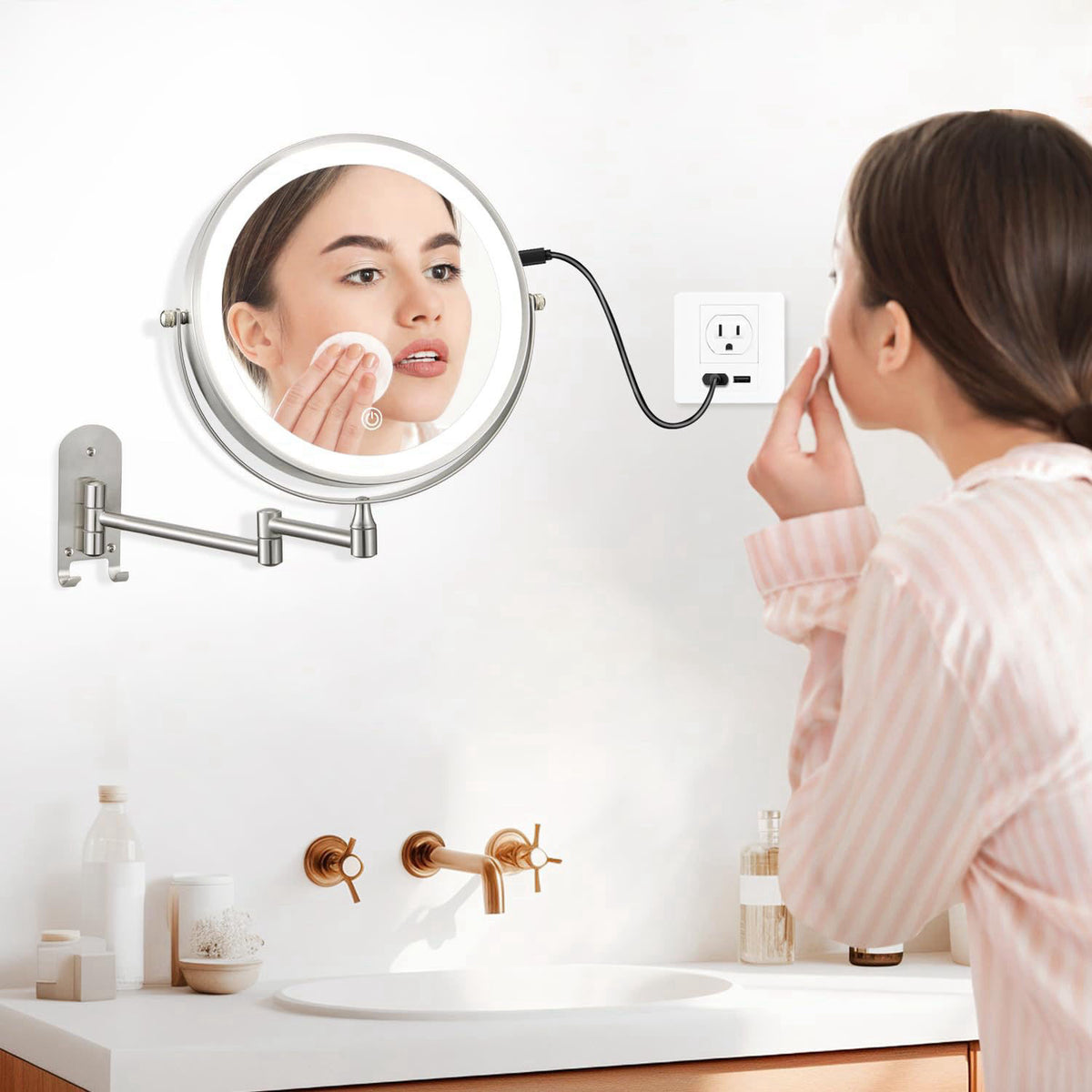 ALHAKIN 9" Wall Mounted Lighted Makeup Mirror, Rechargeable 1X/15X Magnifying Mirror with 3 Color Lights Dimmable, 3