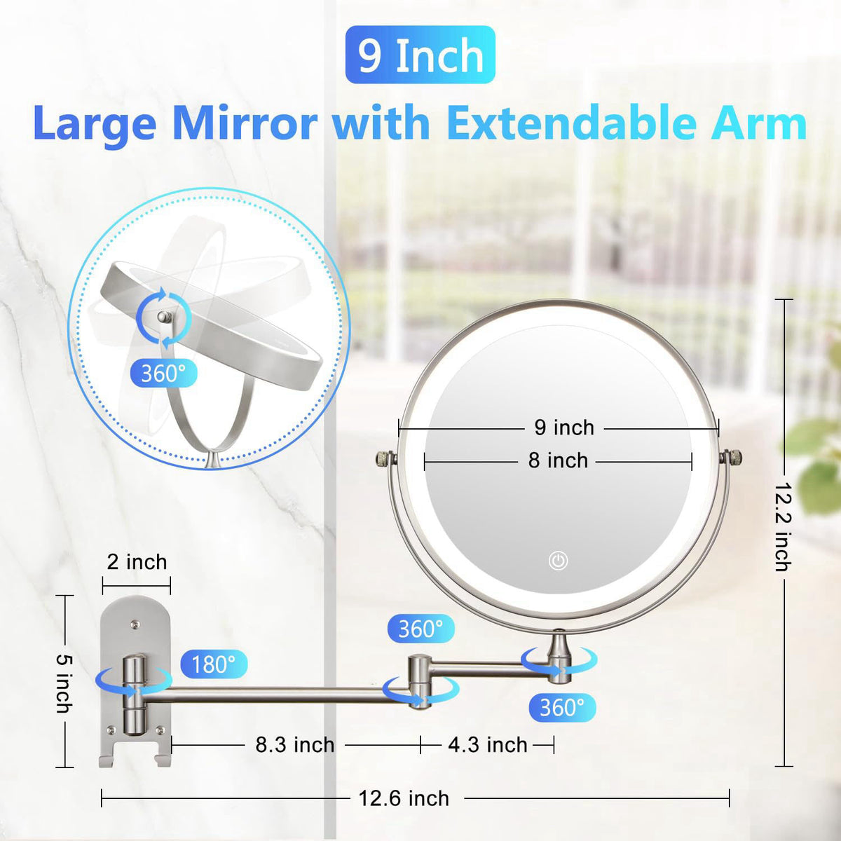 ALHAKIN 9" Wall Mounted Lighted Makeup Mirror, Rechargeable 1X/15X Magnifying Mirror with 3 Color Lights Dimmable, 3