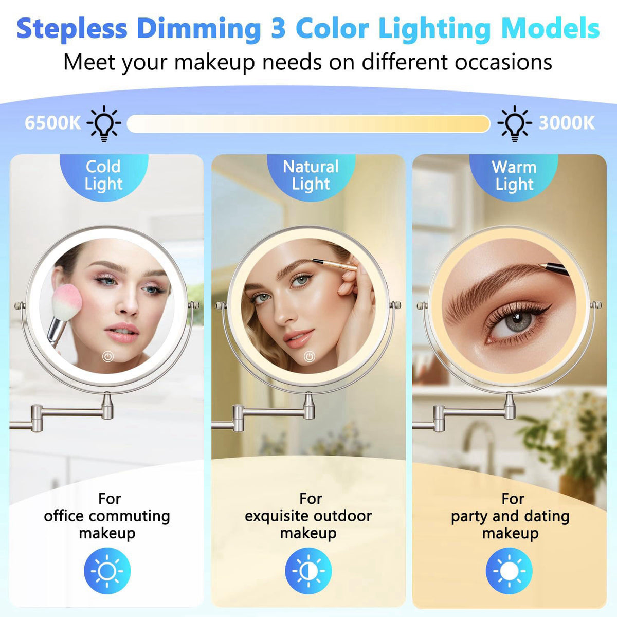 ALHAKIN 9" Wall Mounted Lighted Makeup Mirror, Rechargeable 1X/15X Magnifying Mirror with 3 Color Lights Dimmable, 3