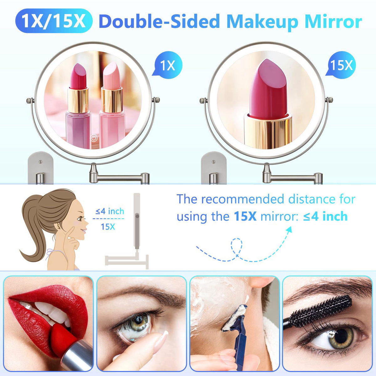 ALHAKIN 9" Wall Mounted Lighted Makeup Mirror, Rechargeable 1X/15X Magnifying Mirror with 3 Color Lights Dimmable, 3