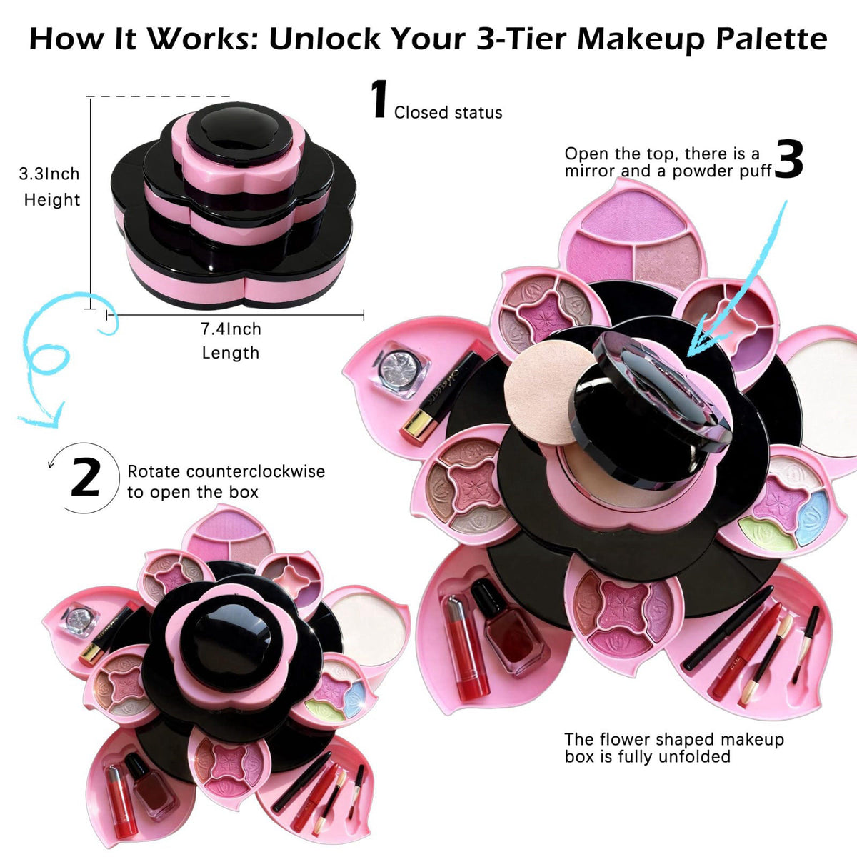 SGRAMSTORG Flower Makeup Kit for Girls - Complete All-in-One Makeup Kit for Teens and Women With 3 Tier Flower Case, 16 
