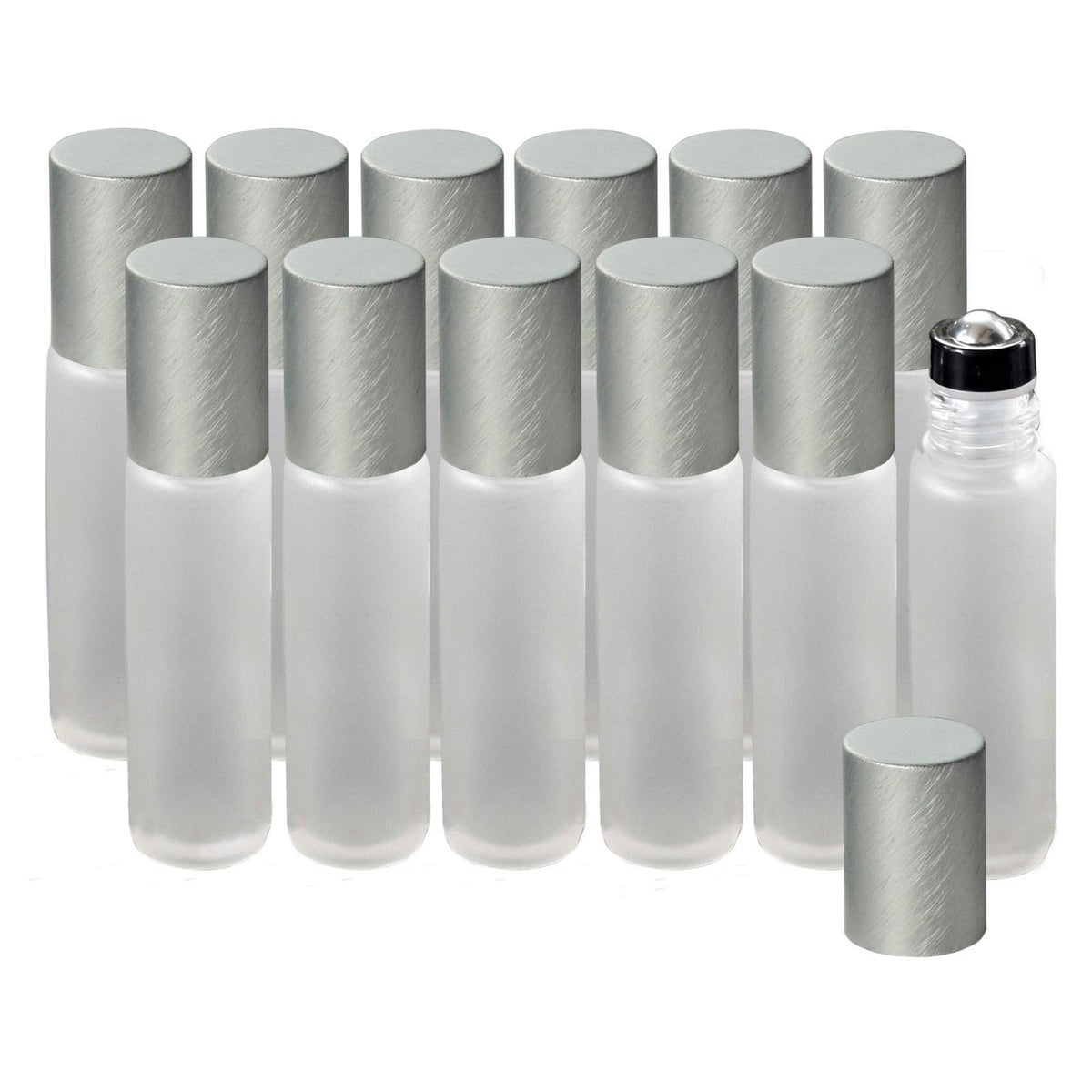 Holistic Oils 12-Pack Frosted Clear Glass Roller Bottles with Brushed Silver Leakproof Caps – Premium Quality Empty Roll