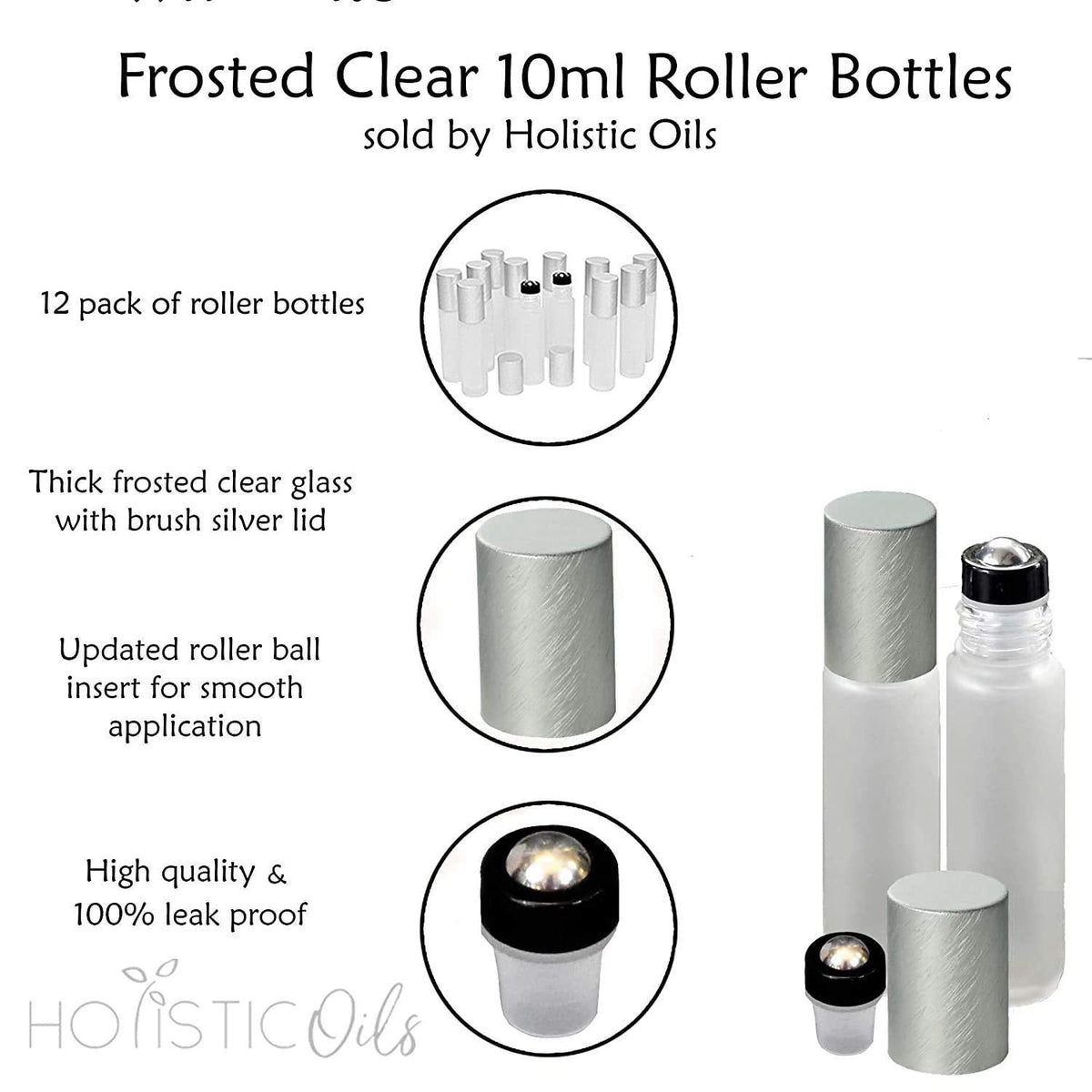 Holistic Oils 12-Pack Frosted Clear Glass Roller Bottles with Brushed Silver Leakproof Caps – Premium Quality Empty Roll