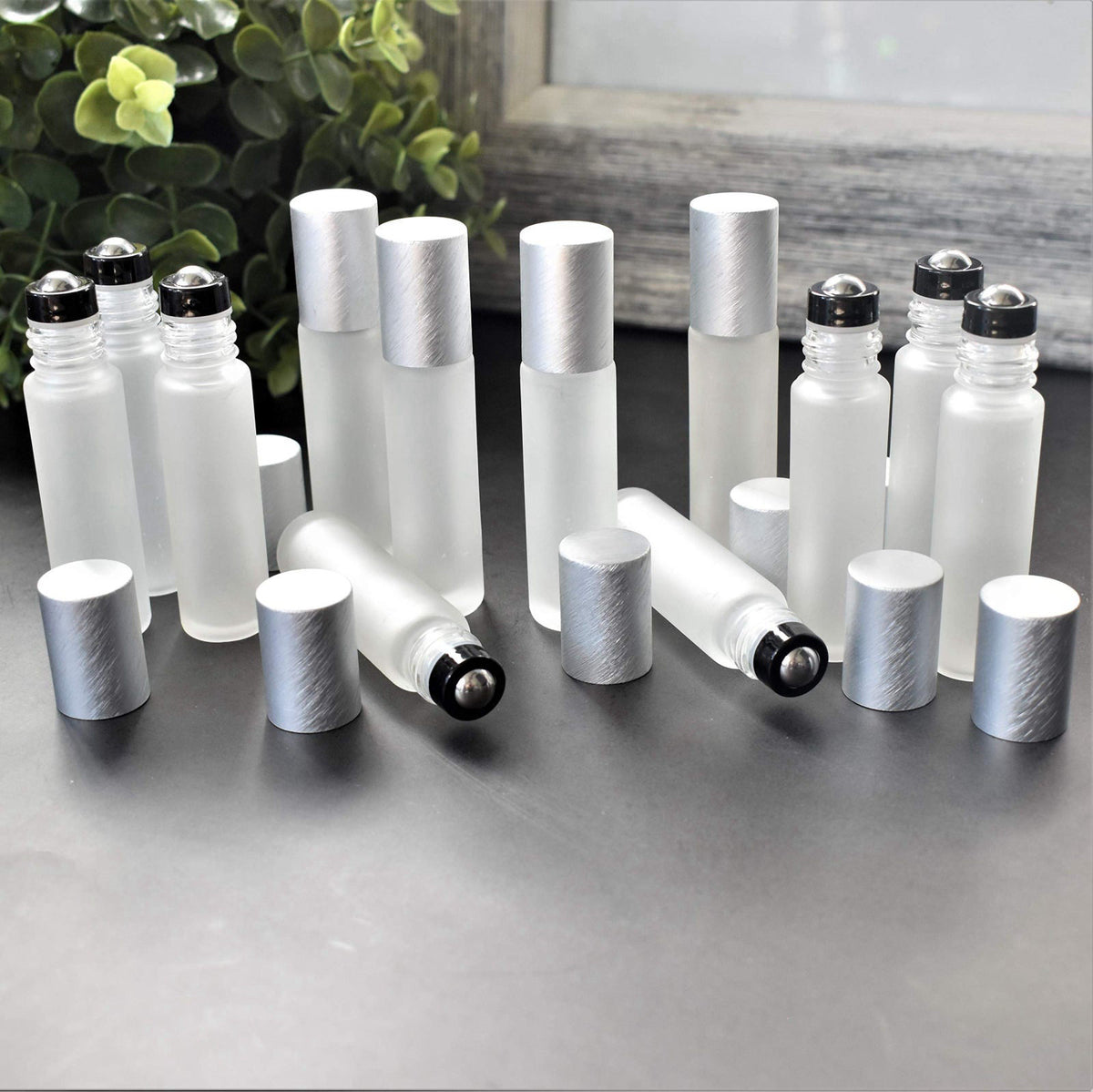 Holistic Oils 12-Pack Frosted Clear Glass Roller Bottles with Brushed Silver Leakproof Caps – Premium Quality Empty Roll