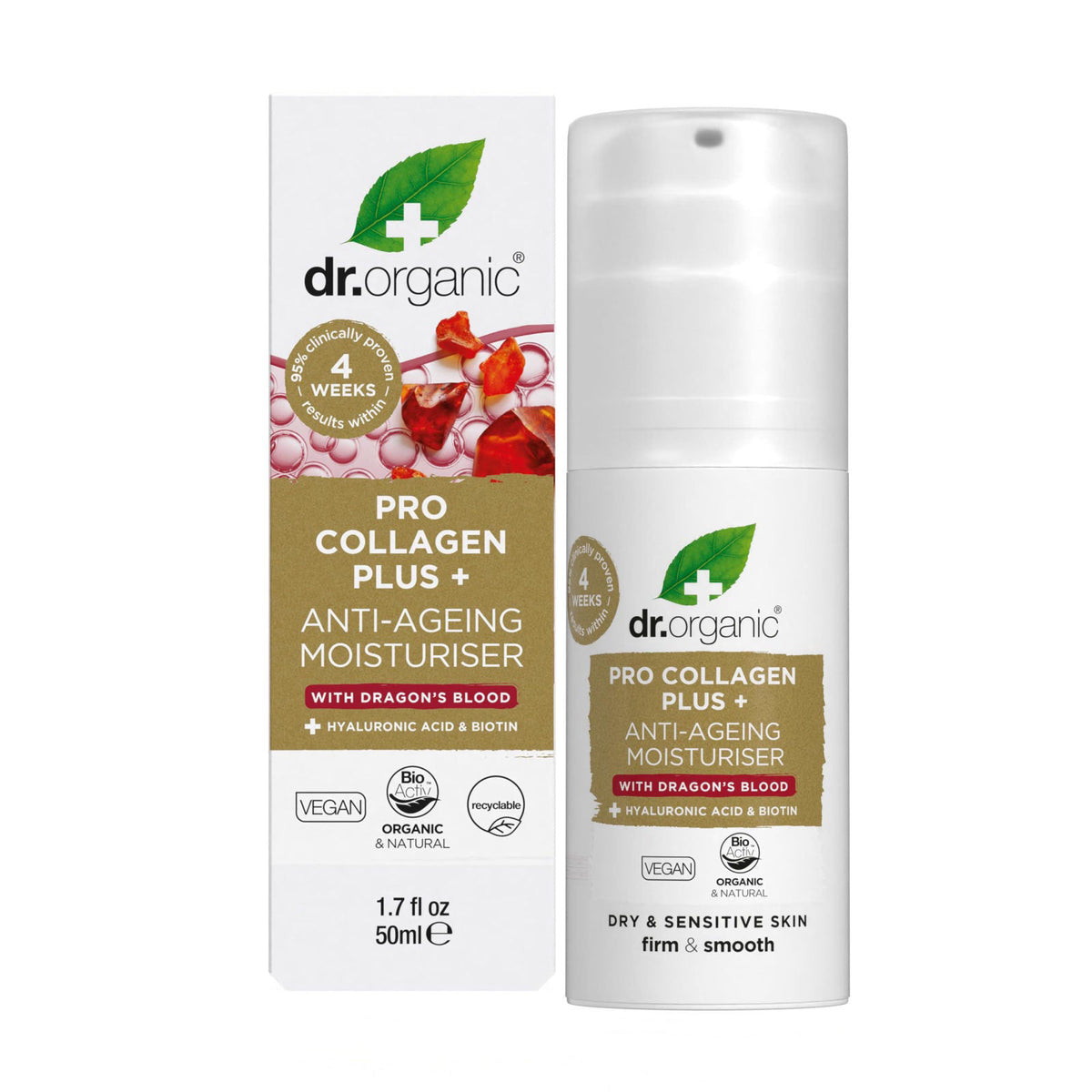 Dr. Organic Pro Collagen Plus + Anti-Ageing Moisturiser with Dragon’s Blood | Reduces Wrinkles, (Dry & Sensitive Skin) N