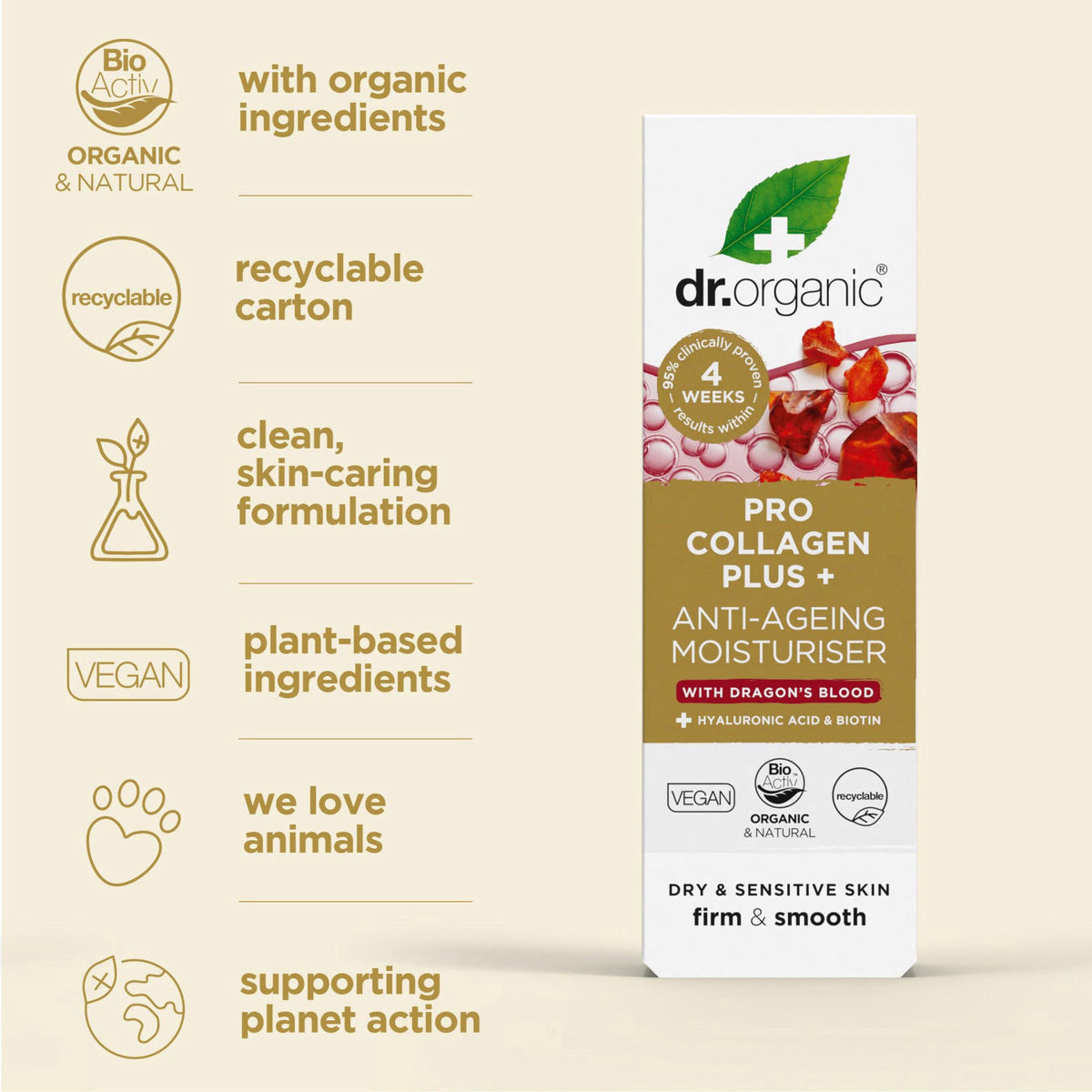 Dr. Organic Pro Collagen Plus + Anti-Ageing Moisturiser with Dragon’s Blood | Reduces Wrinkles, (Dry & Sensitive Skin) N
