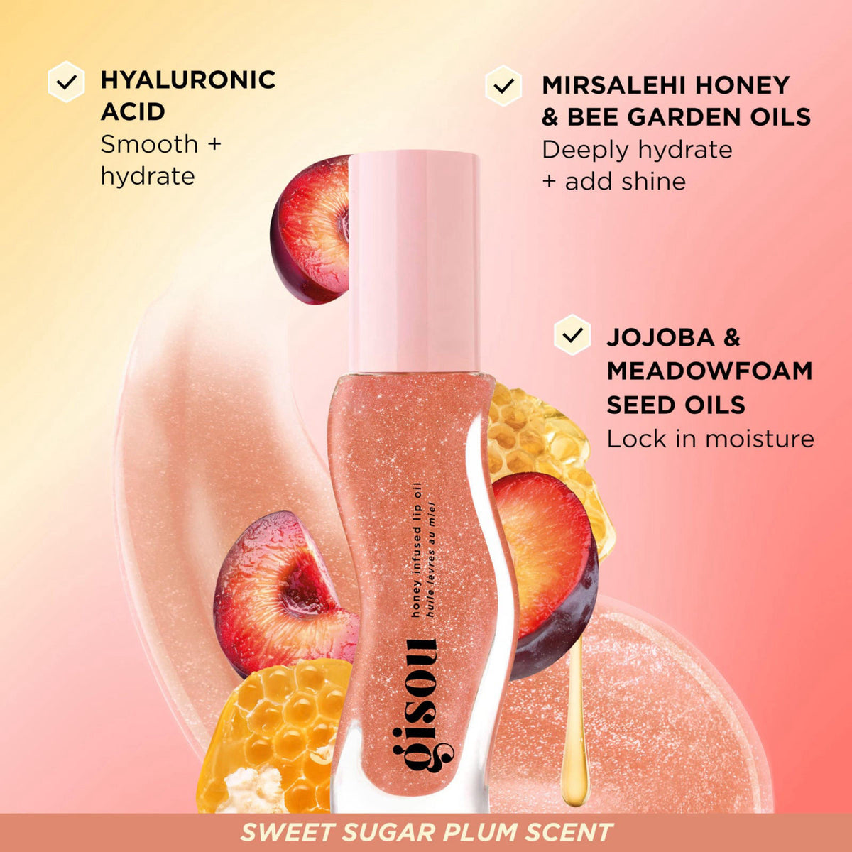 Gisou Honey Infused Lip Oil (0.27 Fl Oz) - Glazed Plum – back view and specifications