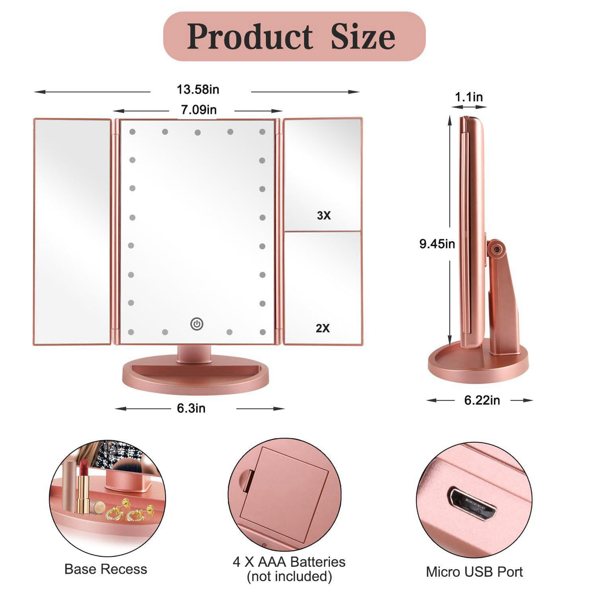 Flymiro Tri-fold Lighted Vanity Makeup Mirror with 3x/2x Magnification,Light up Mirror for Makeup,Touch Screen 21 LEDs,1