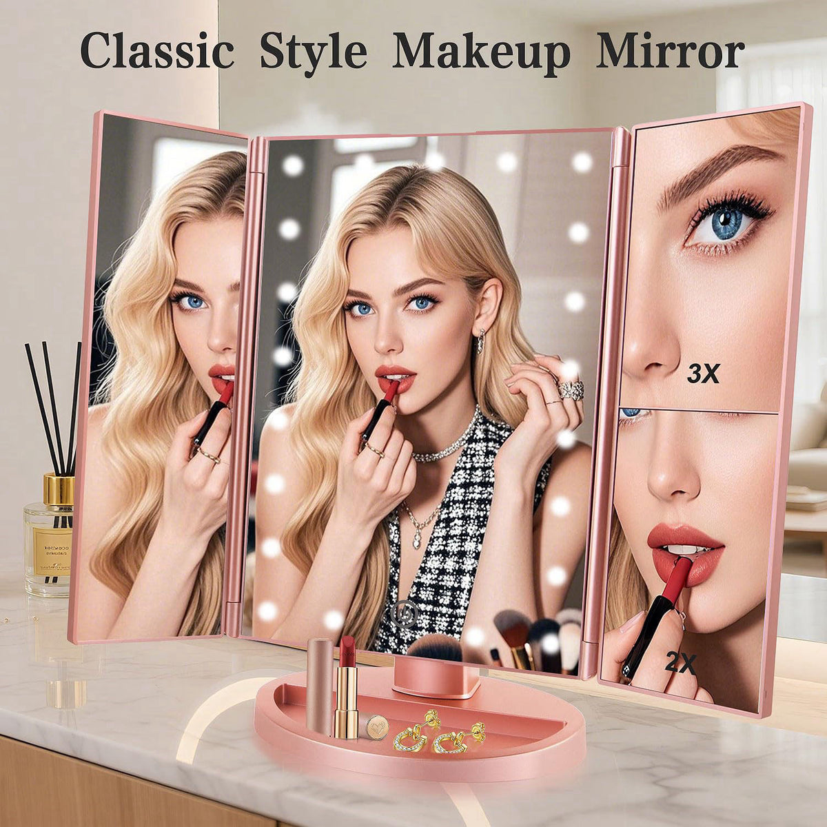 Flymiro Tri-fold Lighted Vanity Makeup Mirror with 3x/2x Magnification,Light up Mirror for Makeup,Touch Screen 21 LEDs,1