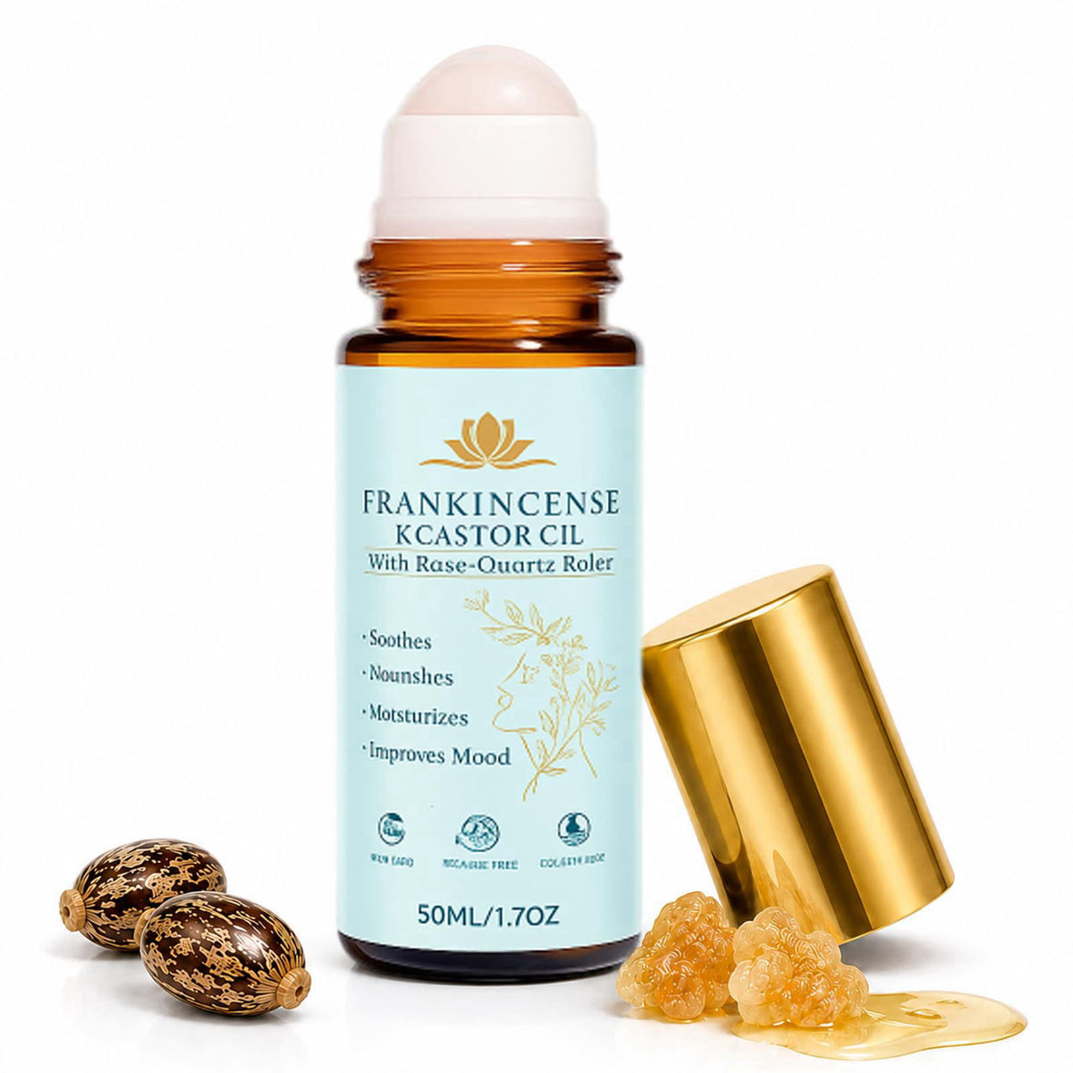 KUNLEN Frankincense and Castor Oil Roll On with Rose Quartz | 100% Pure Organic Cold-Pressed Castor Oil–Firms Skin, Redu