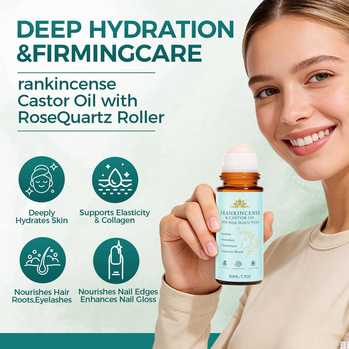 KUNLEN Frankincense and Castor Oil Roll On with Rose Quartz | 100% Pure Organic Cold-Pressed Castor Oil–Firms Skin, Redu