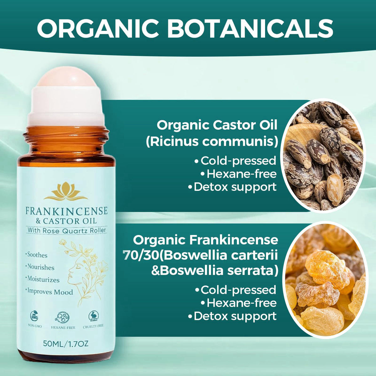 KUNLEN Frankincense and Castor Oil Roll On with Rose Quartz | 100% Pure Organic Cold-Pressed Castor Oil–Firms Skin, Redu