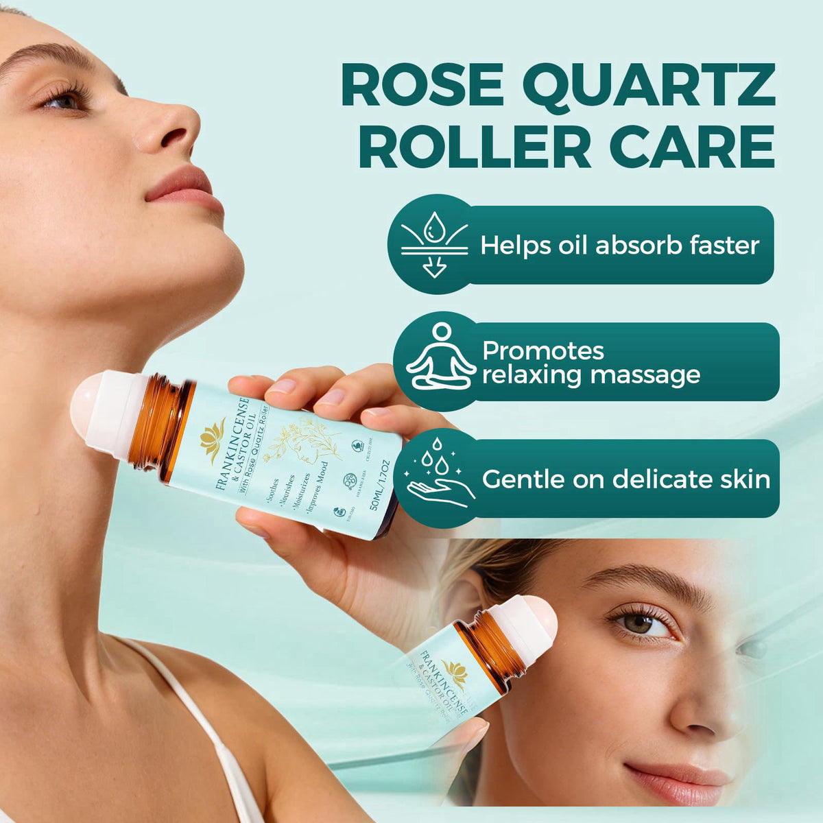 KUNLEN Frankincense and Castor Oil Roll On with Rose Quartz | 100% Pure Organic Cold-Pressed Castor Oil–Firms Skin, Redu