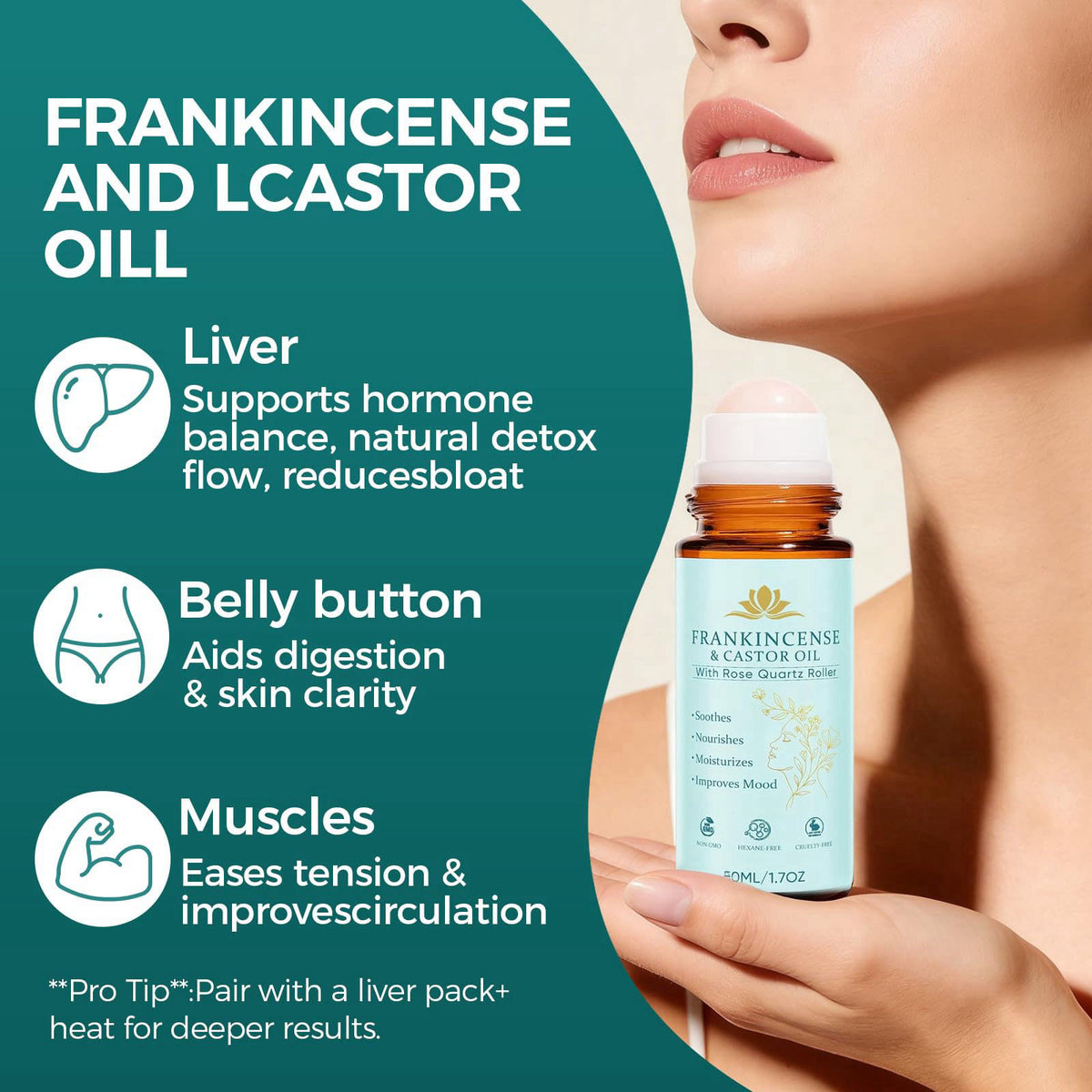 KUNLEN Frankincense and Castor Oil Roll On with Rose Quartz | 100% Pure Organic Cold-Pressed Castor Oil–Firms Skin, Redu