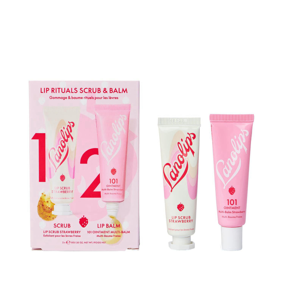 Lanolips Strawberry Lip Scrub & Lip Balm Set - Lip Rituals Lip Care Kit Infused with Pure Lanolin & Strawberry Extract -