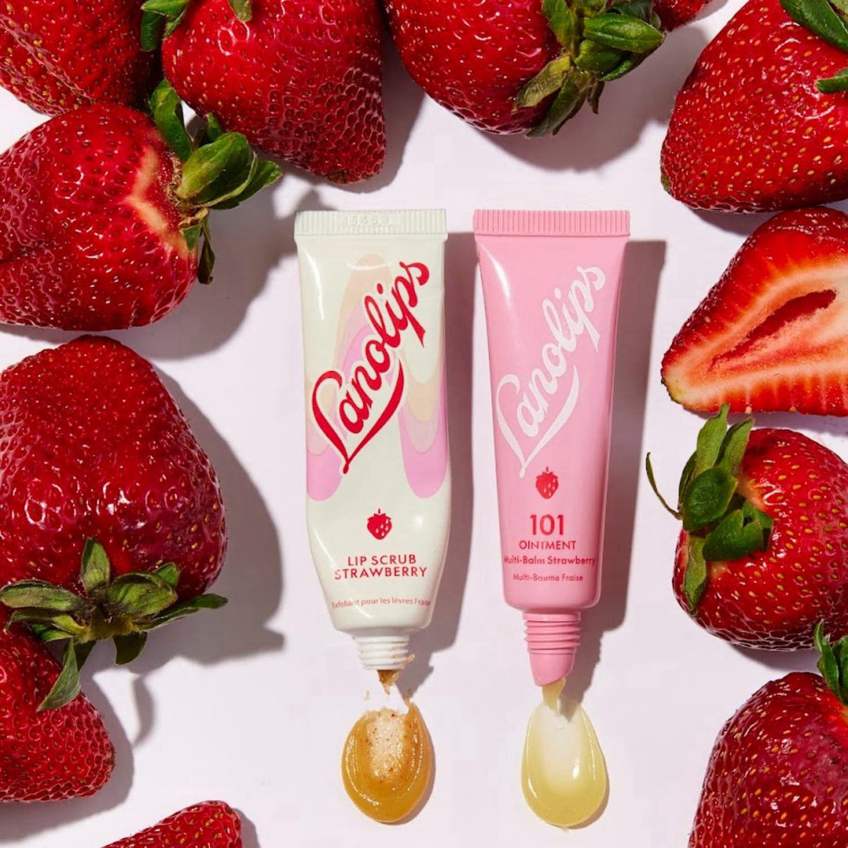 Lanolips Strawberry Lip Scrub & Lip Balm Set - Lip Rituals Lip Care Kit Infused with Pure Lanolin & Strawberry Extract -