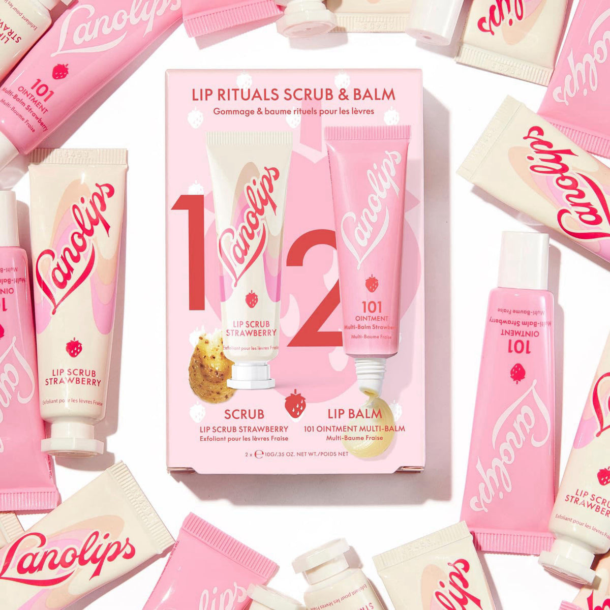 Lanolips Strawberry Lip Scrub & Lip Balm Set - Lip Rituals Lip Care Kit Infused with Pure Lanolin & Strawberry Extract -
