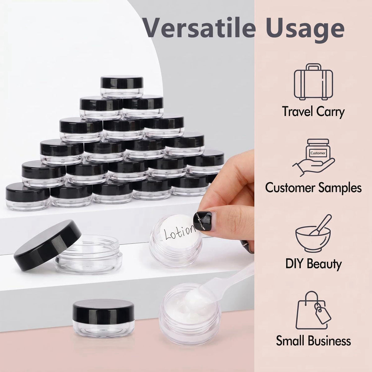 GOLACKY 3 Gram Sample Containers 200 Count Empty Lip Balm Containers with Labels – full view