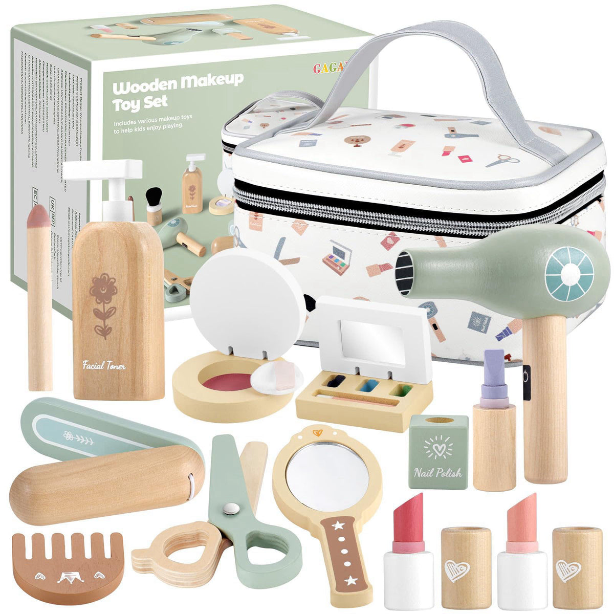 GAGAKU Wooden Makeup Toy Set for Toddlers 3-5 – 18-Piece Pretend Play Makeup Kit for Little Girls with Storage Bag, Real