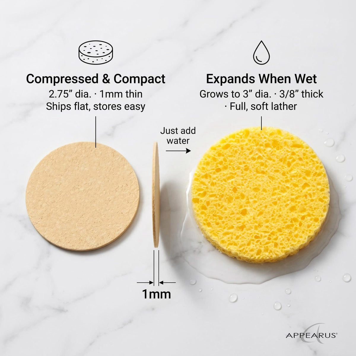 APPEARUS Compressed Natural Cellulose Facial Sponges 50 Count Yellow – back view and specifications