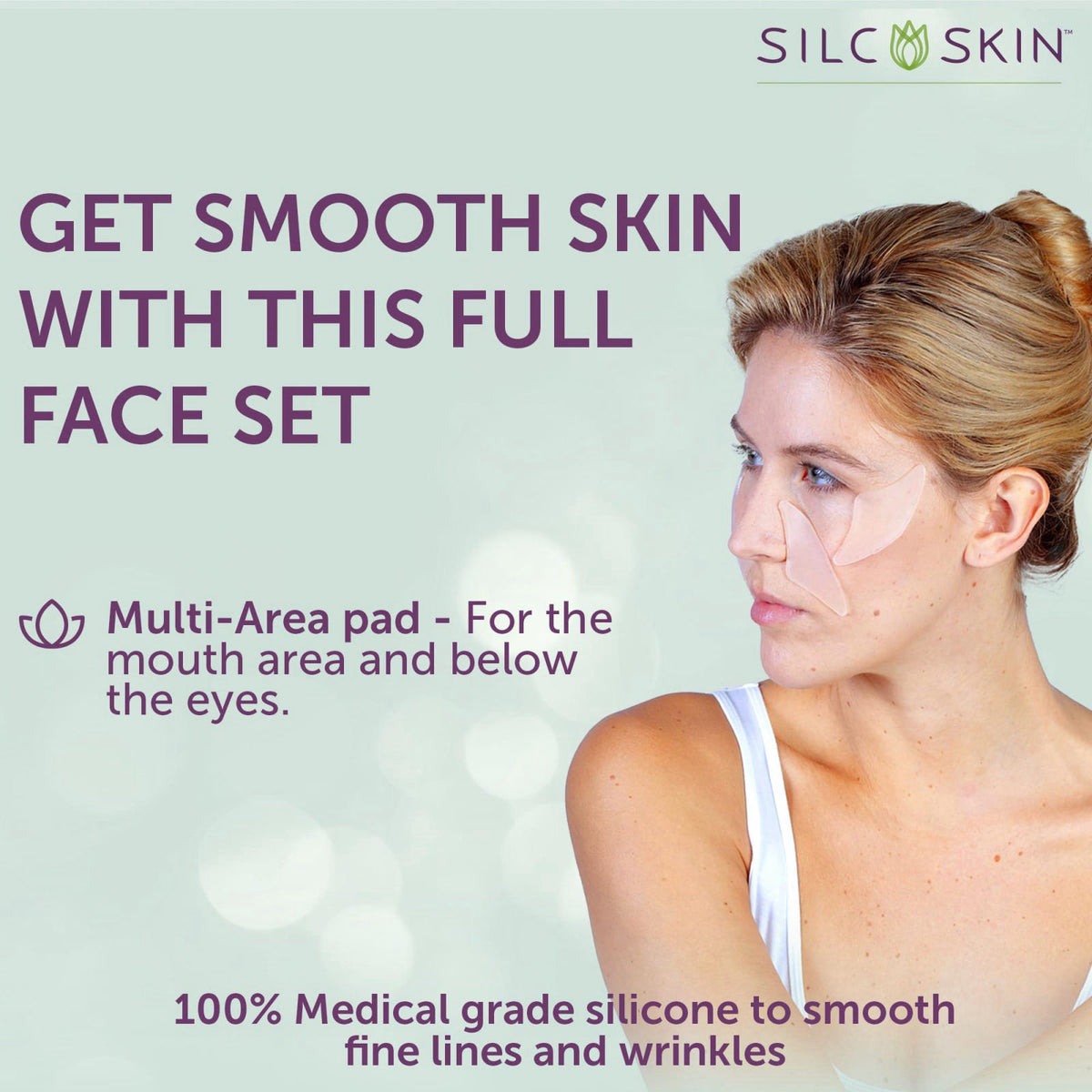 Silc Skin Facial Wrinkle Patches, Reusable Silicone Multi-Area Set, 4 Pads – packaging and label