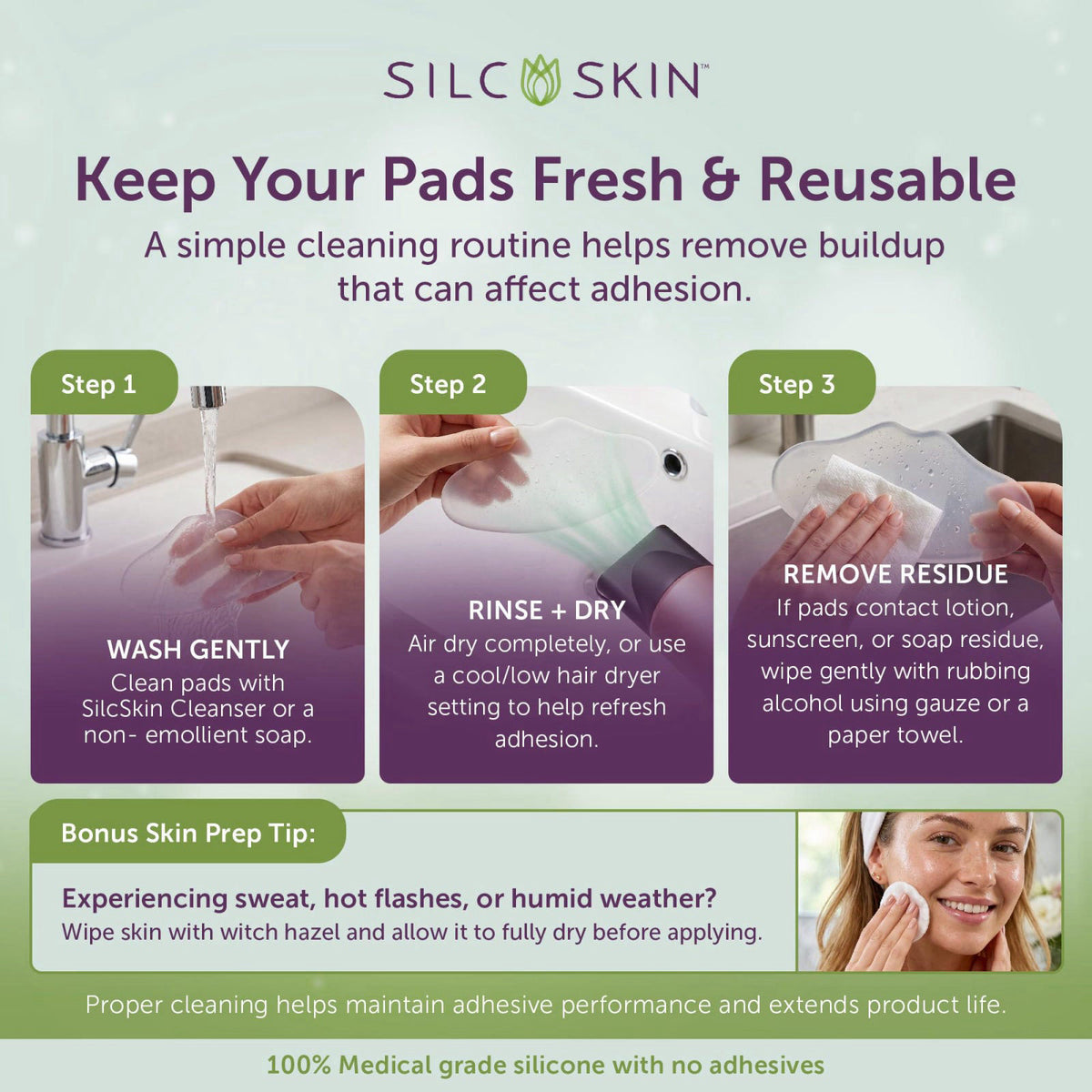 Silc Skin Facial Wrinkle Patches, Reusable Silicone Multi-Area Set, 4 Pads – back view and specifications