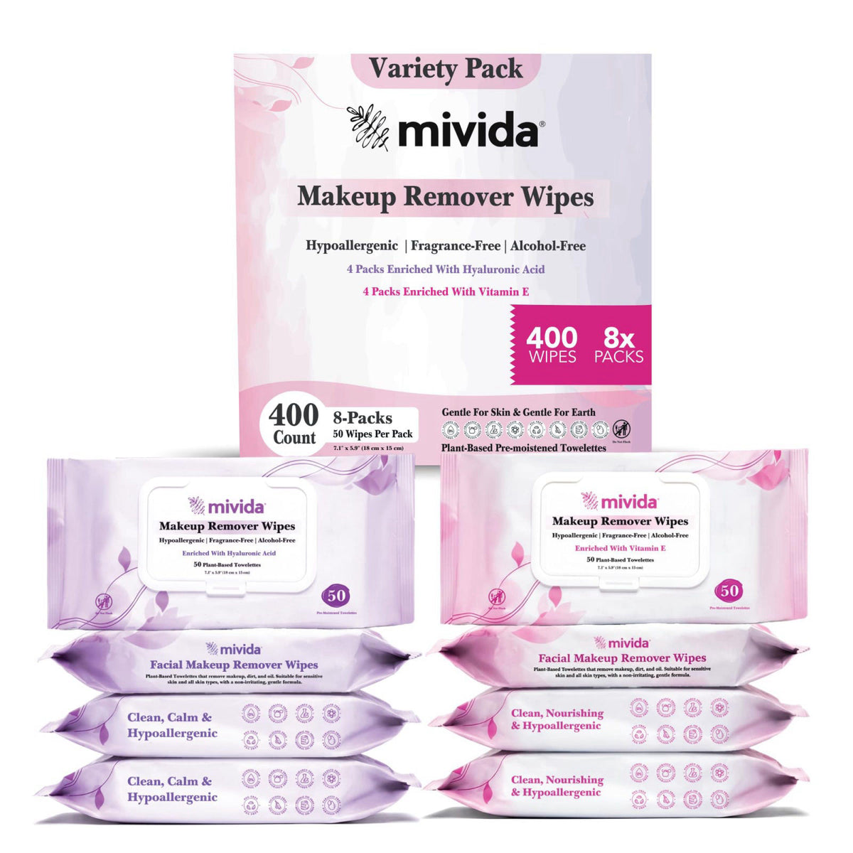 mivida Hypoallergenic Makeup Remover Wipes, Vitamin E+Hyaluronic, 8×50 Ct – product photo (Cloths &amp; Towelettes)