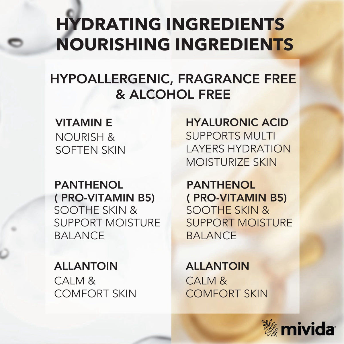 mivida Hypoallergenic Makeup Remover Wipes, Vitamin E+Hyaluronic, 8×50 Ct – packaging and label