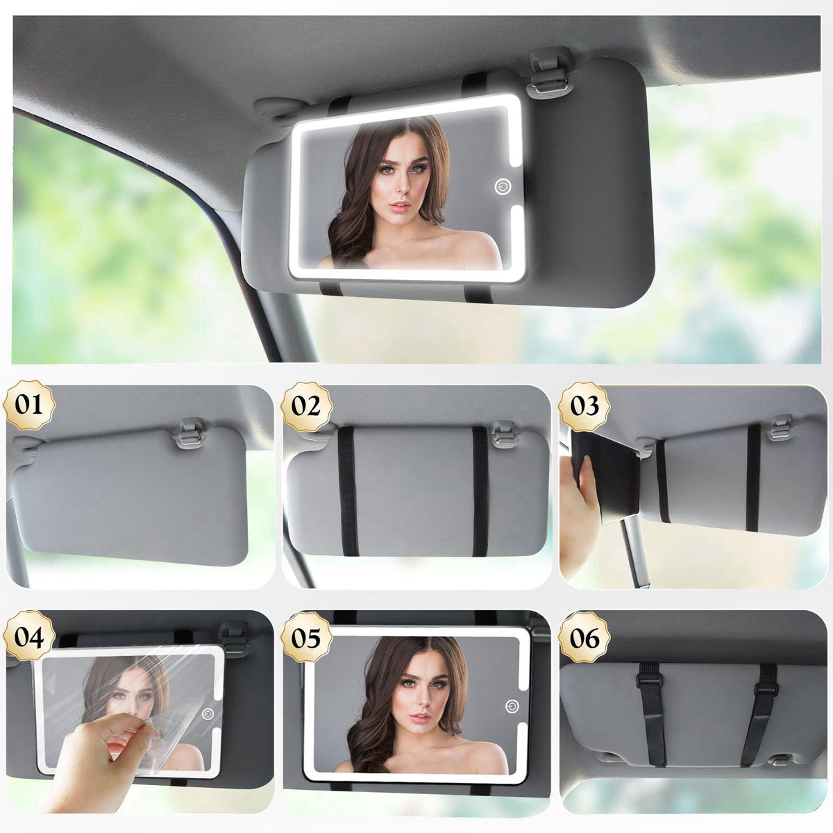 saiggnyy 2PCS LED Mirror for Car Sun Visor Accessories,Mid-Size Car Visor Mirrors with 3-Color Dimmable Lights,Lighted R