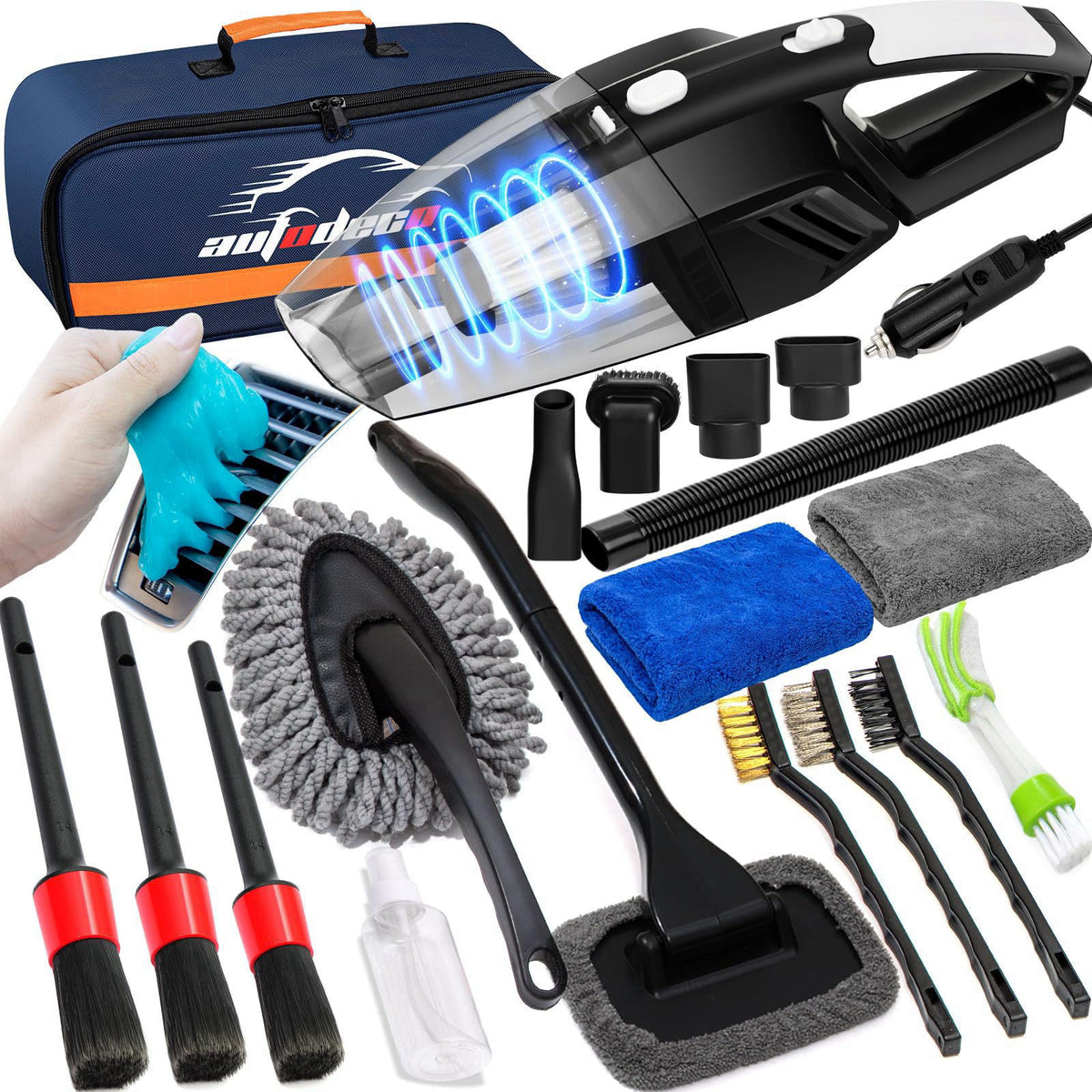 AUTODECO 20Pcs Car Cleaning Kit, Interior Detailing Kit with High Power Handheld Vacuum, Detailing Brush Set, Windshield