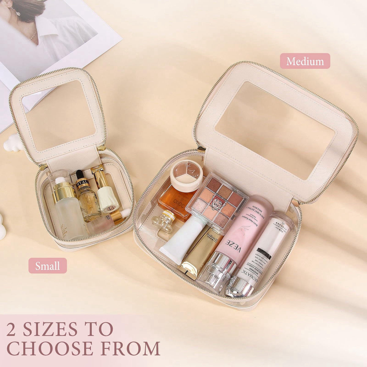 Pinkmik Clear Makeup Bag with Zipper, Beige, M+MINI-1 – close-up detail