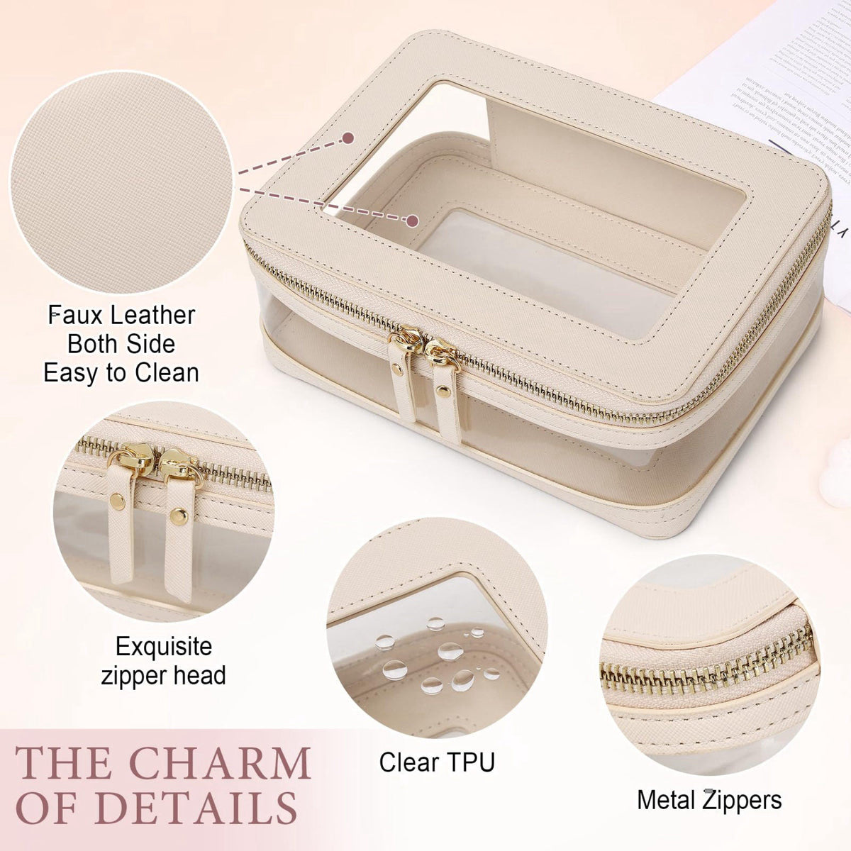 Pinkmik Clear Makeup Bag with Zipper, Beige, M+MINI-1 – back view and specifications
