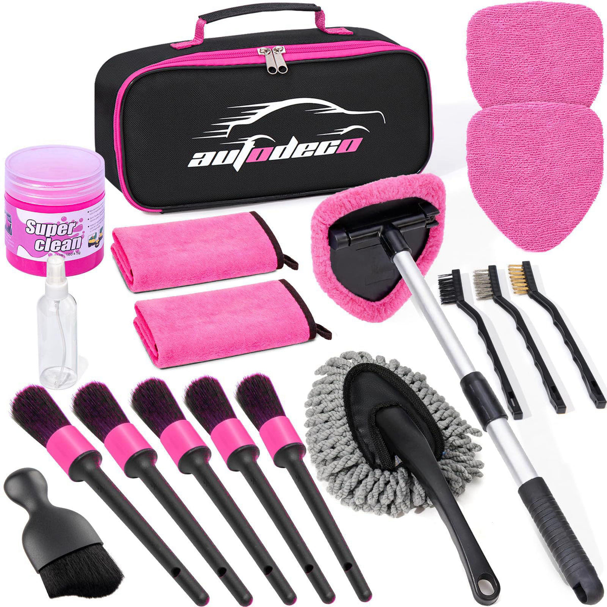 AUTODECO Windshield Cleaner Tool, 17Pcs Car Interior Detailing Kit, Detailing Brush, Towels, Duster, Car Cleaning Kit In