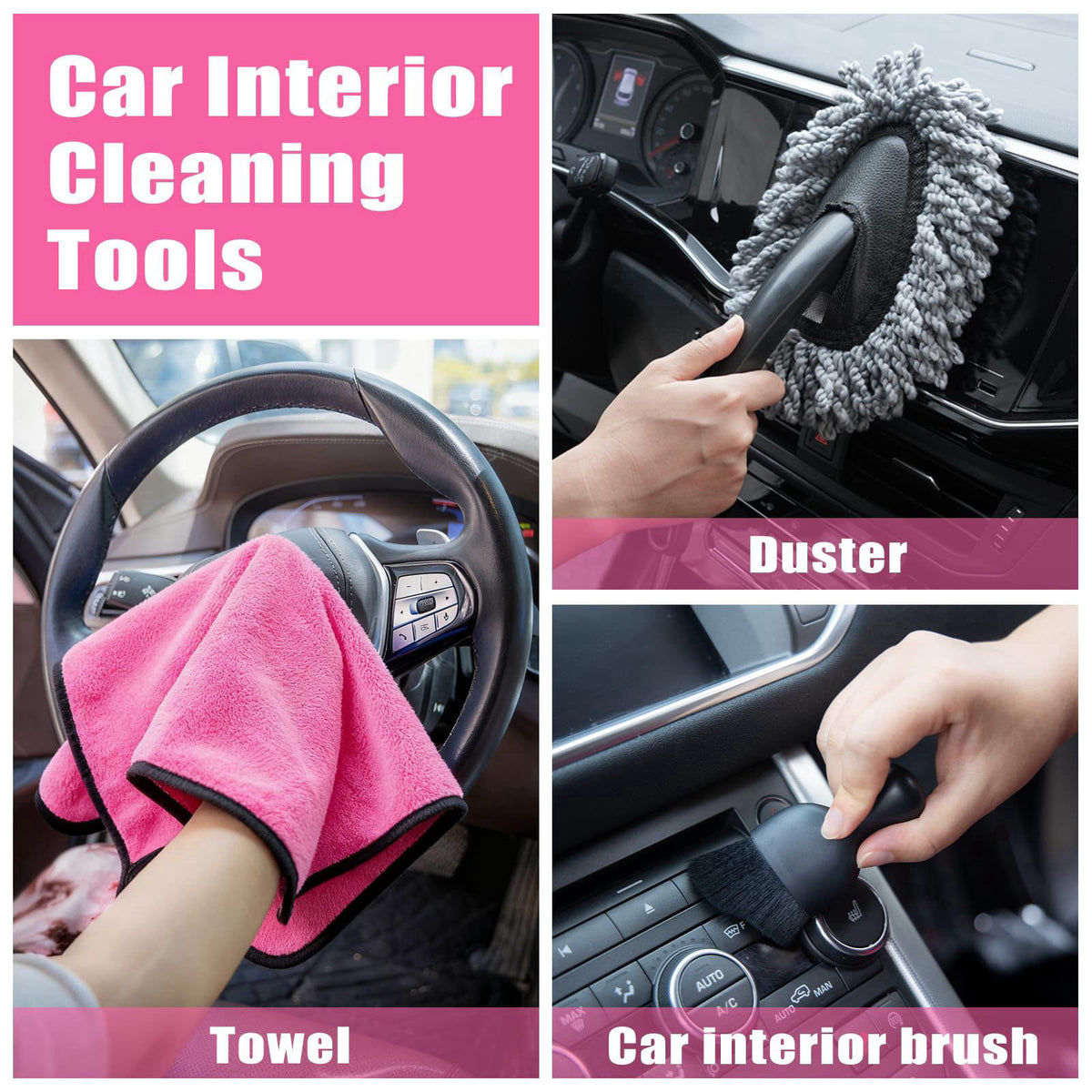 AUTODECO Windshield Cleaner Tool, 17Pcs Car Interior Detailing Kit, Detailing Brush, Towels, Duster, Car Cleaning Kit In