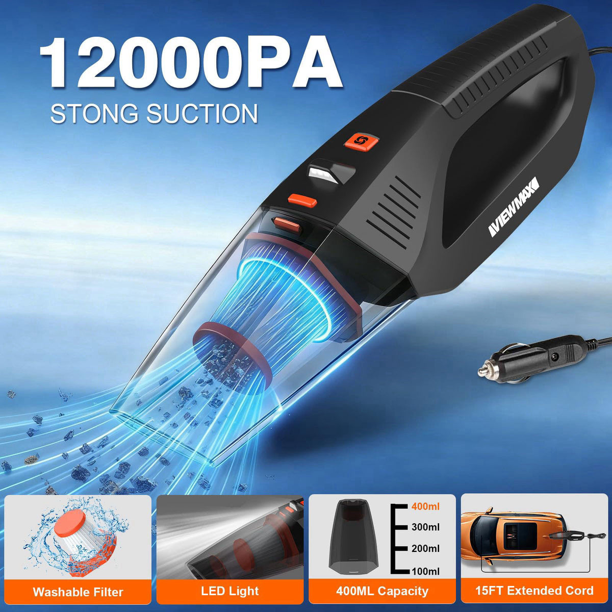 Viewmax Car Cleaning Kit 19Pcs, Car Interior Detailing Kit with 12000PA High Power Handheld 12V Corded Vacuum, Detailing