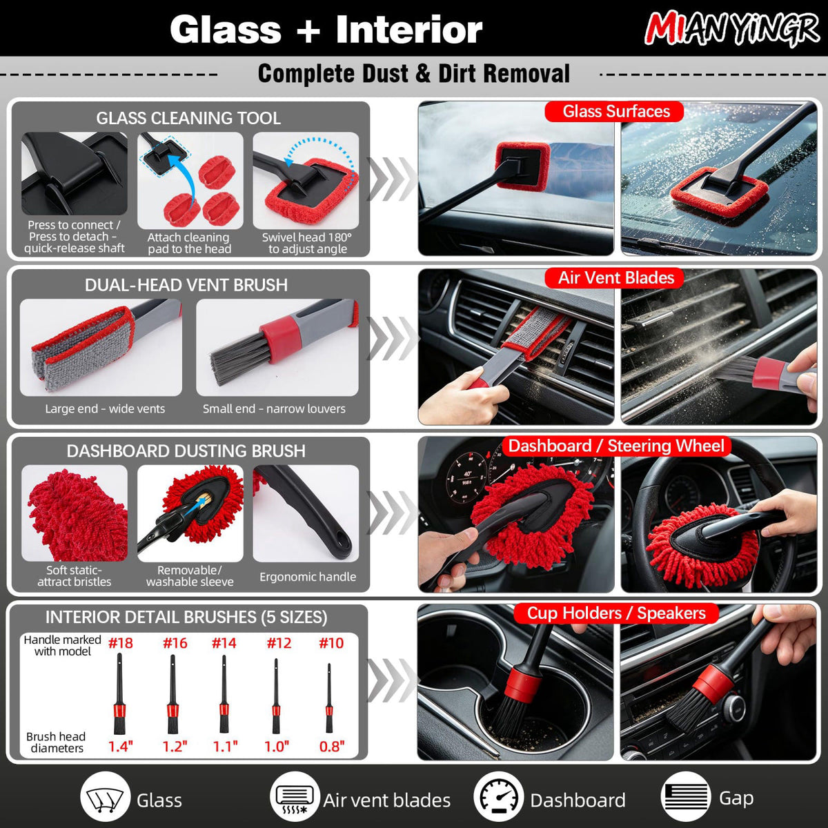 MIANYINGR 32Pcs Car Detailing Kit with Drill Brush, Interior Cleaning Brush Set – packaging and label
